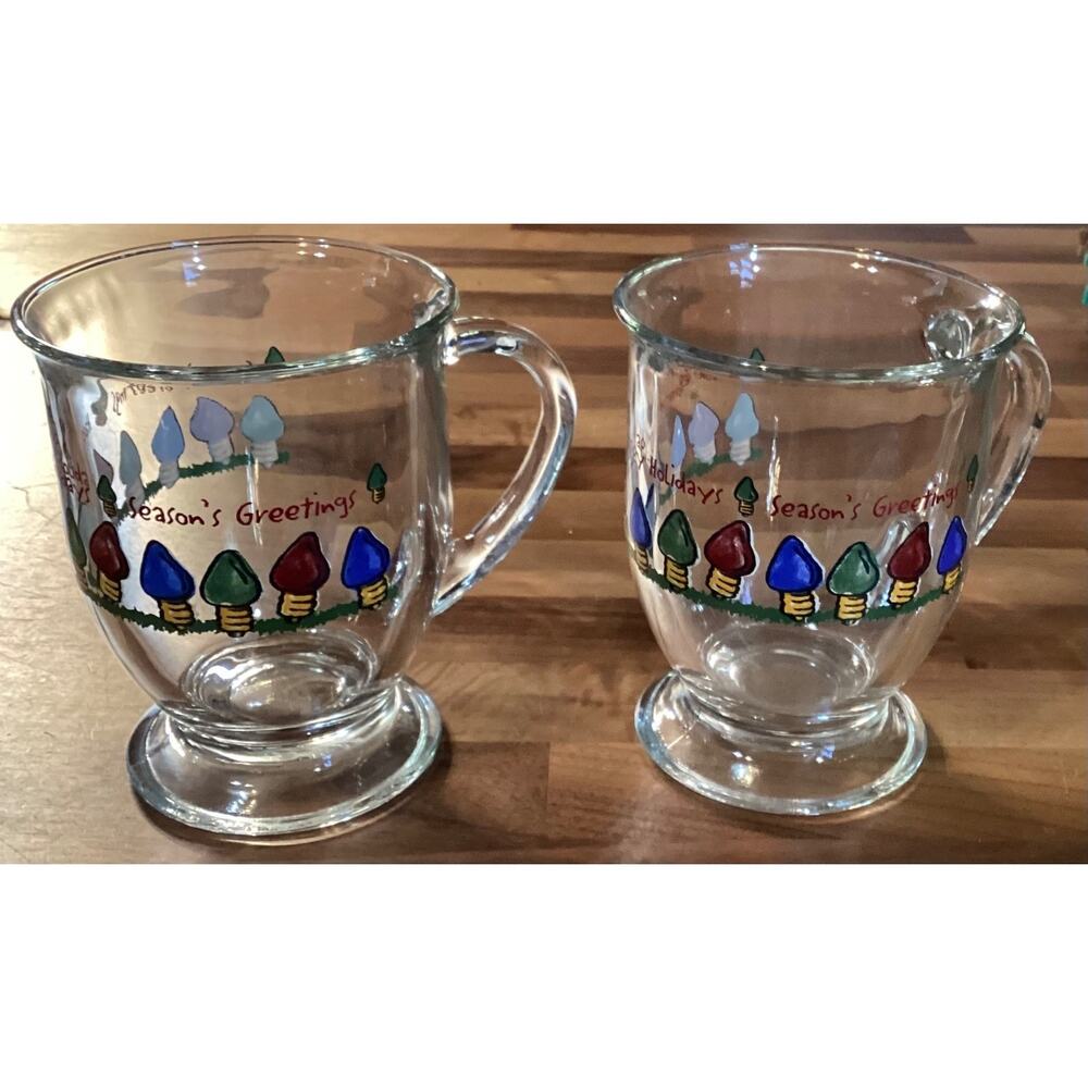 2 Glass Clear Coffee Cups Mugs Seasons Greeting Happy Holiday Christmas 4.75”